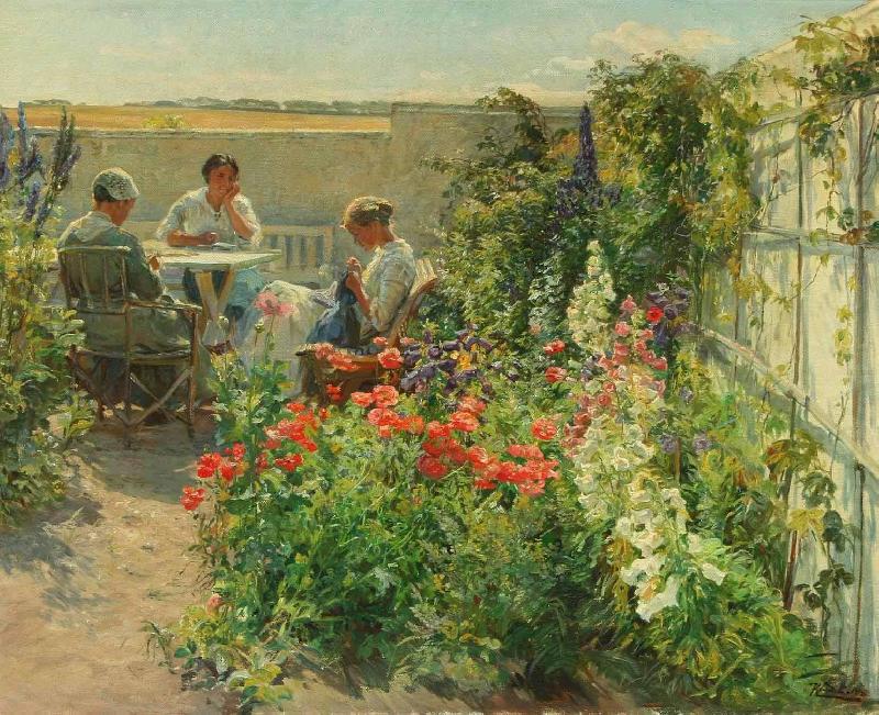 Knud Bergslien Blomstrende haveeksterir med tre kvinder ved et bord china oil painting image